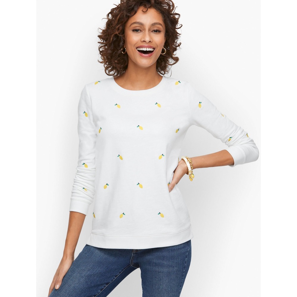 Talbots Cotton Lemon Embroidered White Sweatshirt Womens Size XL Preppy Summer
